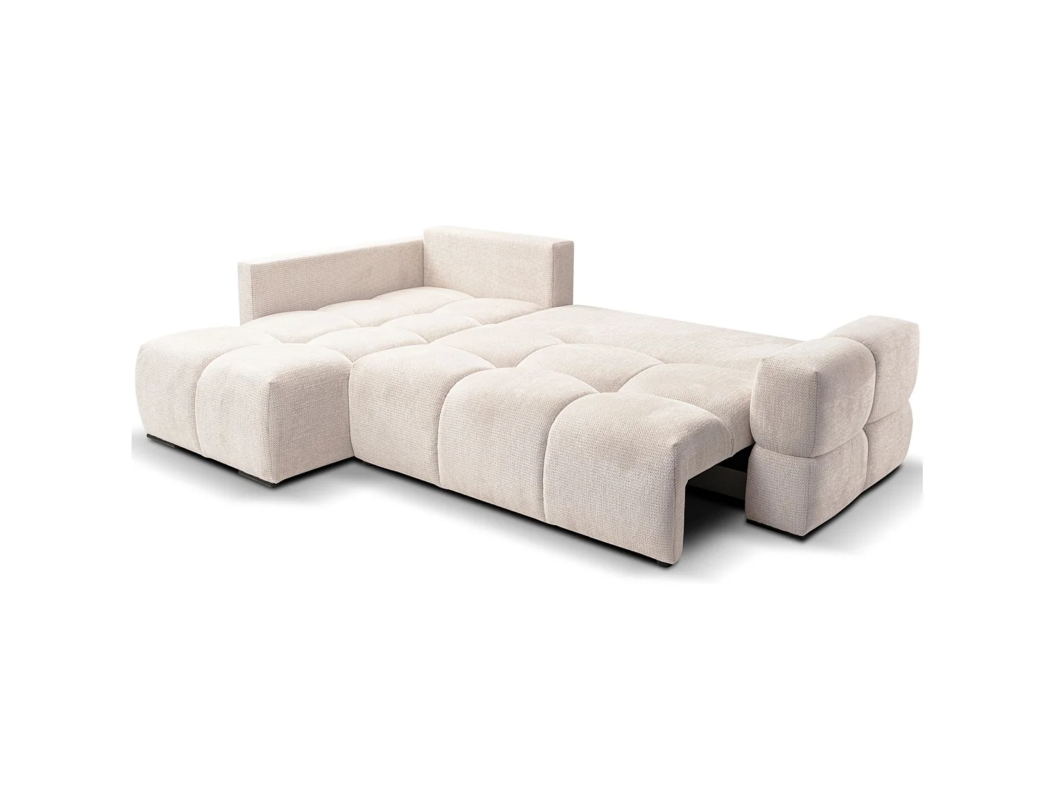 Hoekbedbank met chenillebekleding – slaapfunctie en opbergruimte – lichtbeige – omkeerbaar – TAREMI