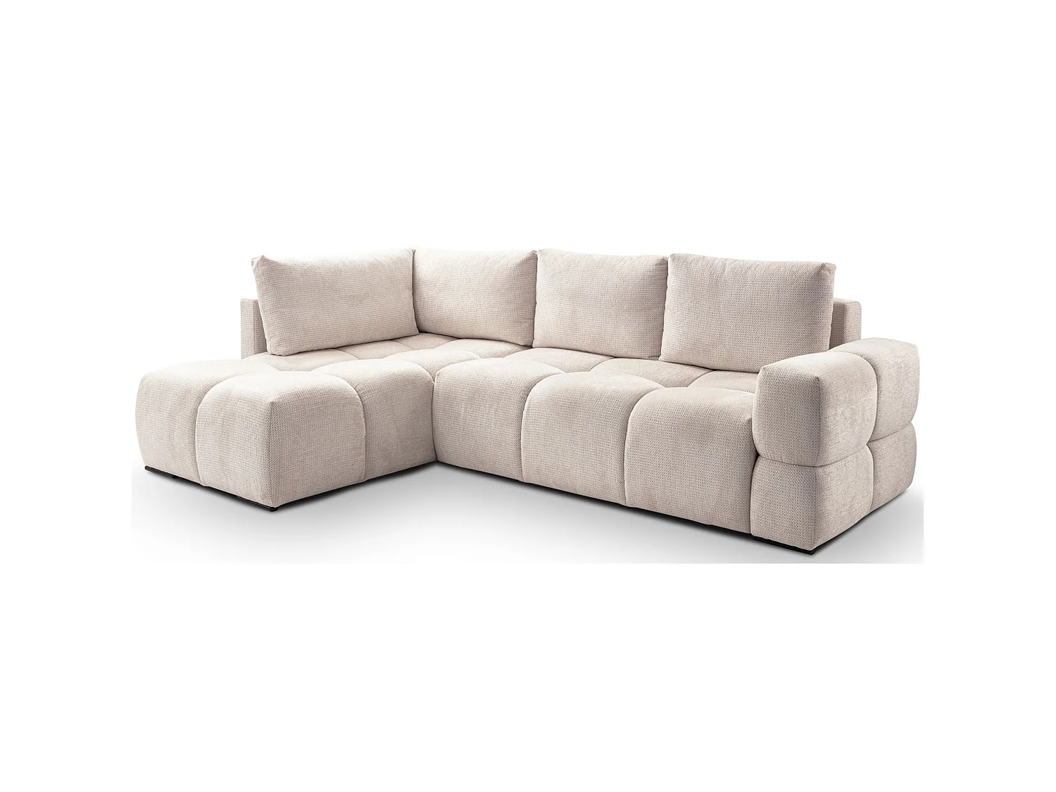 Hoekbedbank met chenillebekleding – slaapfunctie en opbergruimte – lichtbeige – omkeerbaar – TAREMI