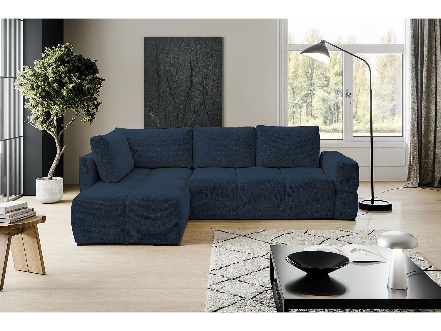 Hoekbedbank met chenillebekleding – slaapfunctie en opbergruimte – marineblauw – omkeerbaar – TAREMI