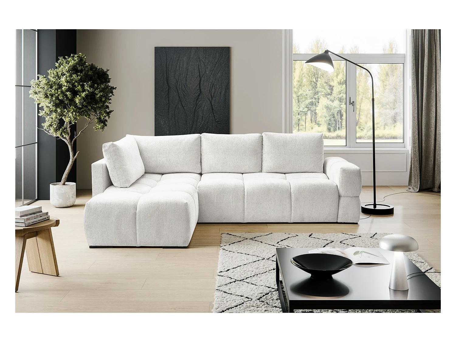 Canapé d’angle en chenille – convertible avec coffre de rangement – blanc – réversible – TAREMI