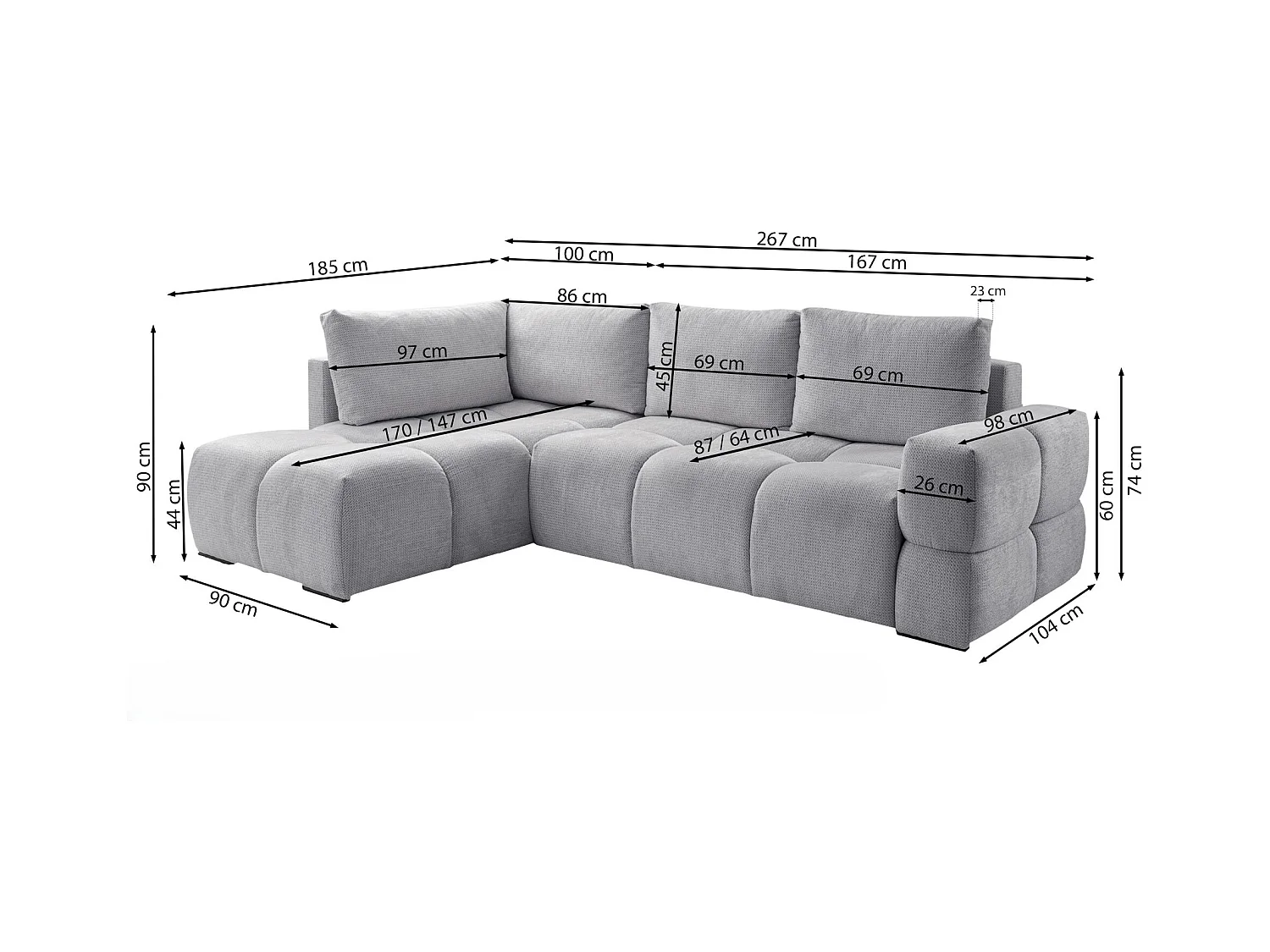 Canapé d’angle en chenille – convertible avec coffre de rangement – blanc – réversible – TAREMI