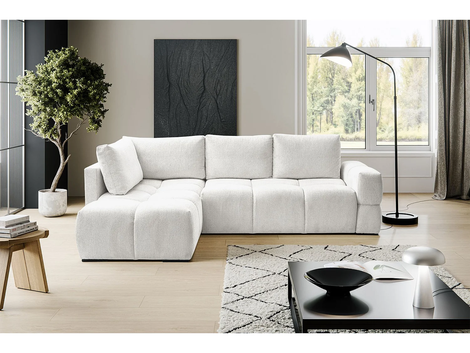 Canapé d’angle en chenille – convertible avec coffre de rangement – blanc – réversible – TAREMI