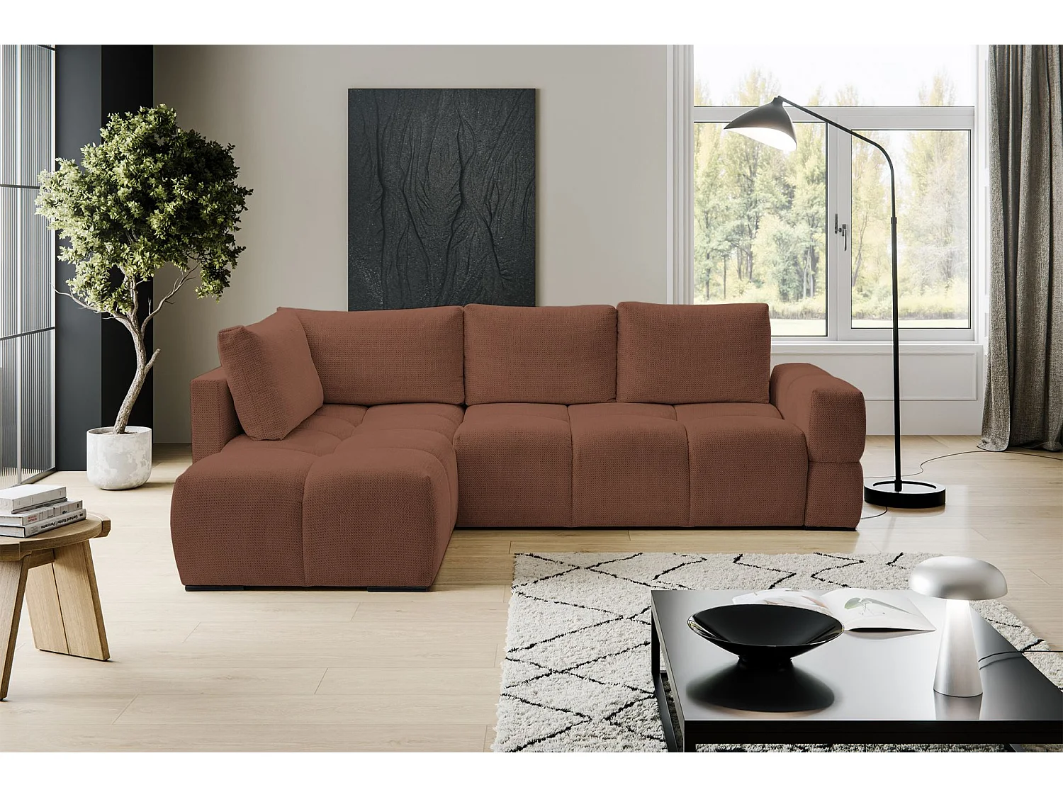 Canapé d’angle en chenille – convertible avec coffre de rangement – cuivre – réversible – TAREMI