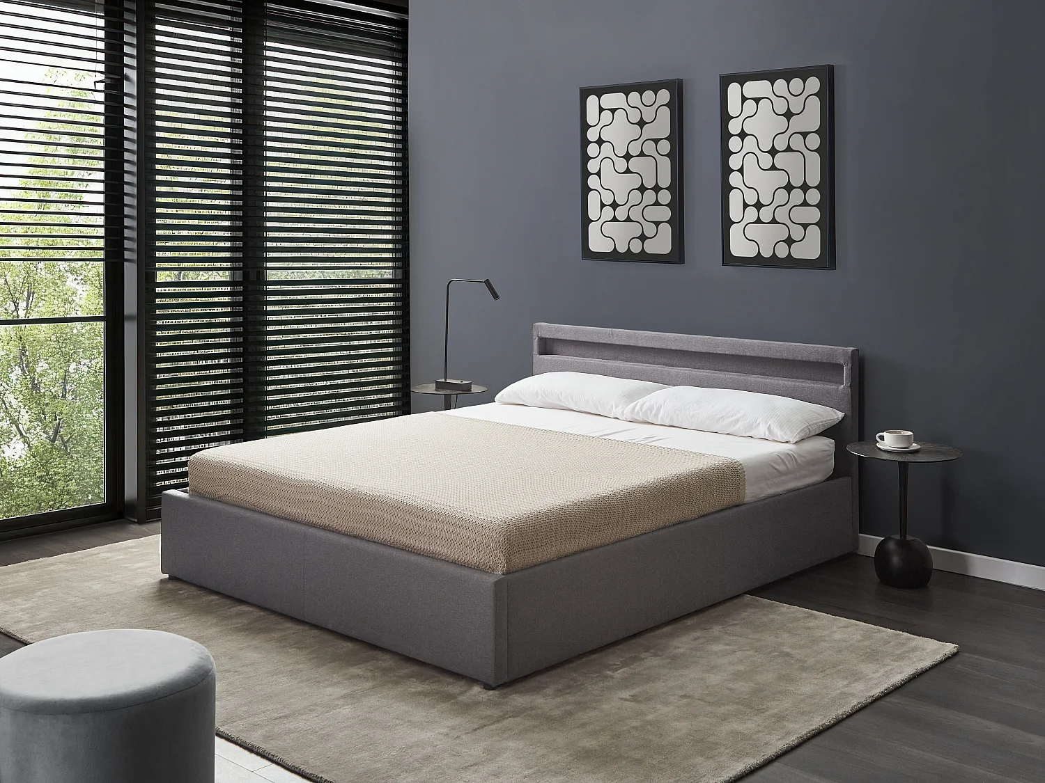 Lit ottoman avec LED Tissu ARMELLE 160 x 200 cm Gris foncé