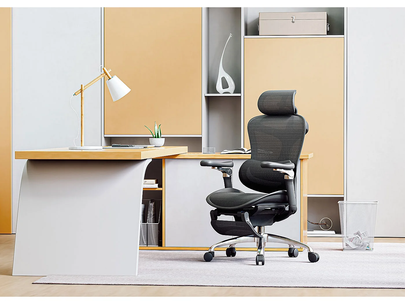 SIHOO Bürostuhl, Schreibtischstuhl Drehstuhl, ergonomisch, Lordosenstütze Fußstütze 6D-verstellbare Armlehnen schwarz