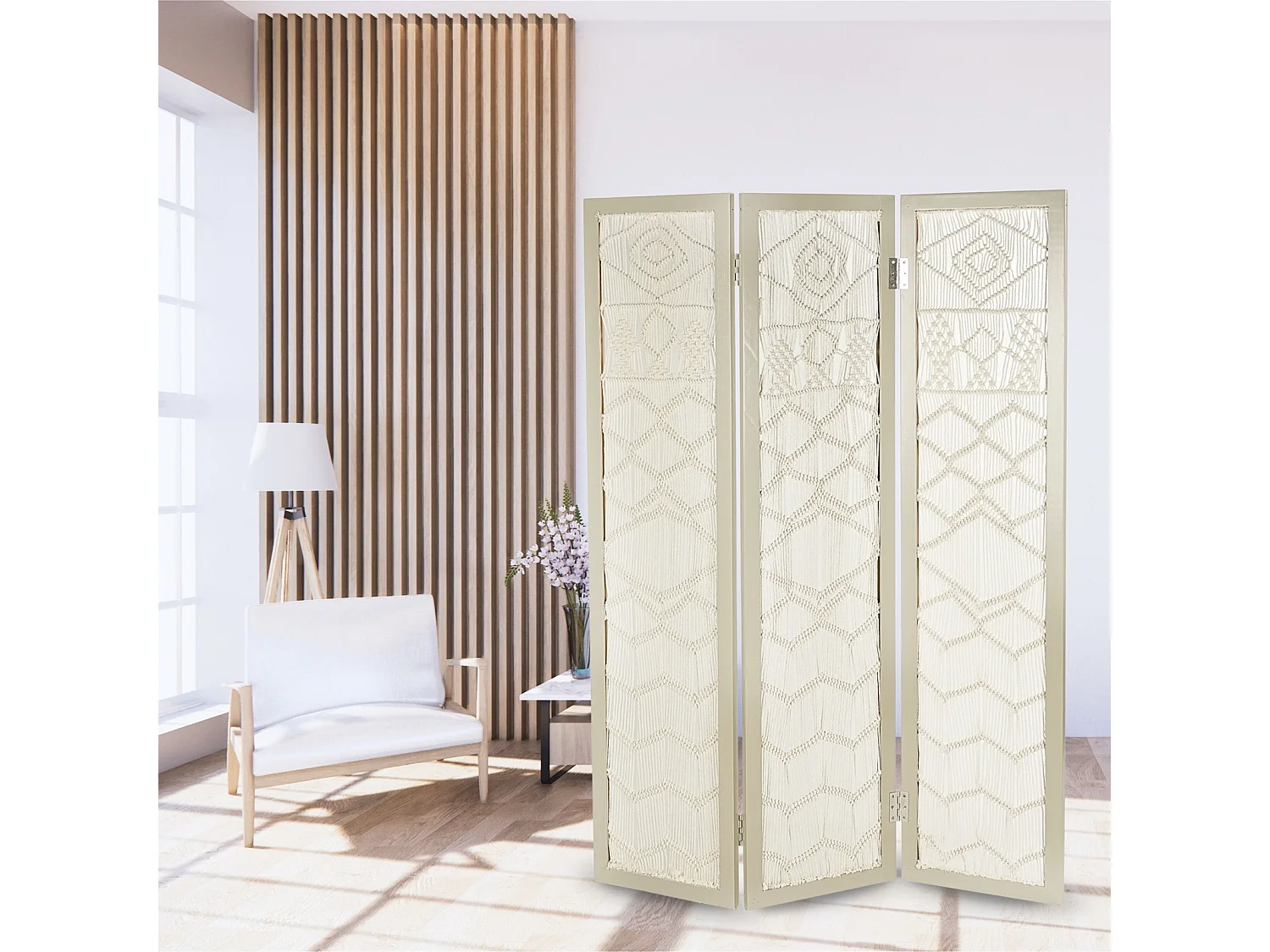 PARAVENT Motifs de macramé Saule gris