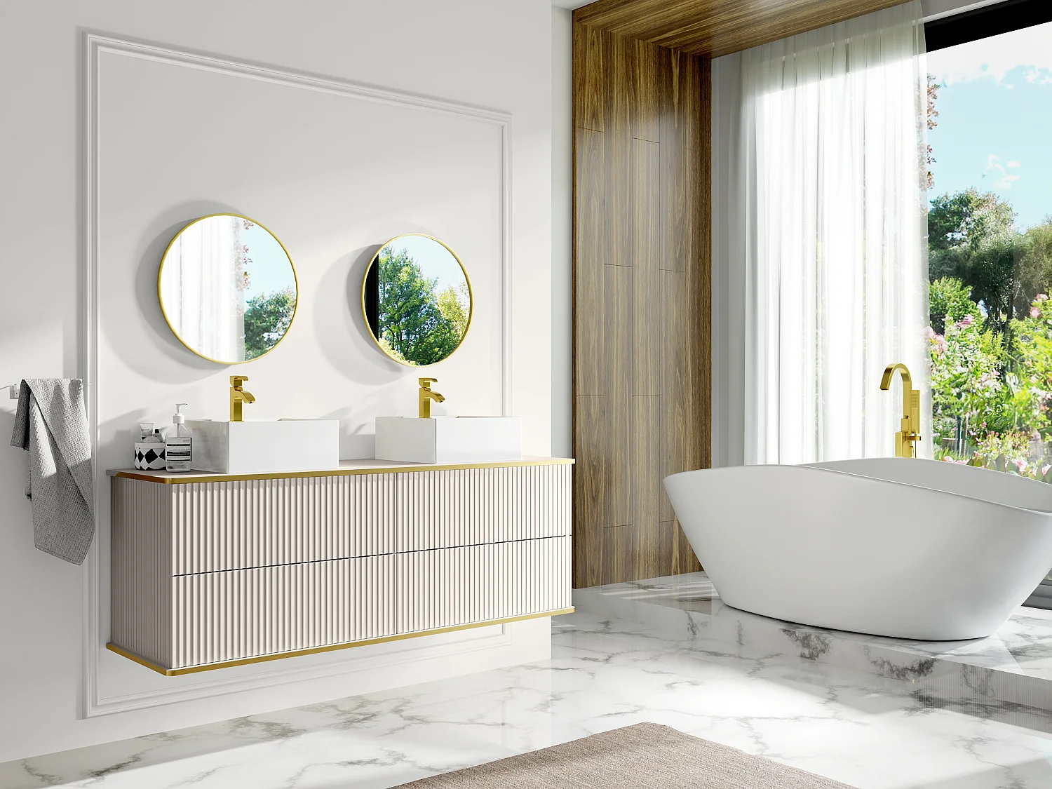 Meuble sous vasque suspendu strié liseré doré 4 tiroirs - Beige - 150 cm - KELIZA