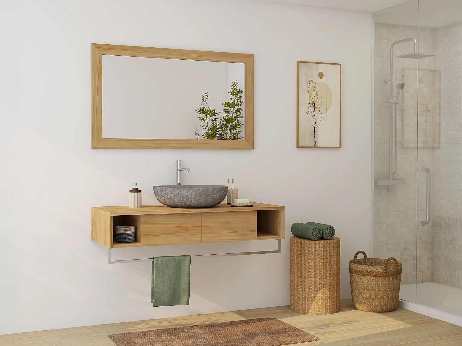 Mobile sotto lavabo sospeso in teak con portasciugamani 120 cm - KUPANG