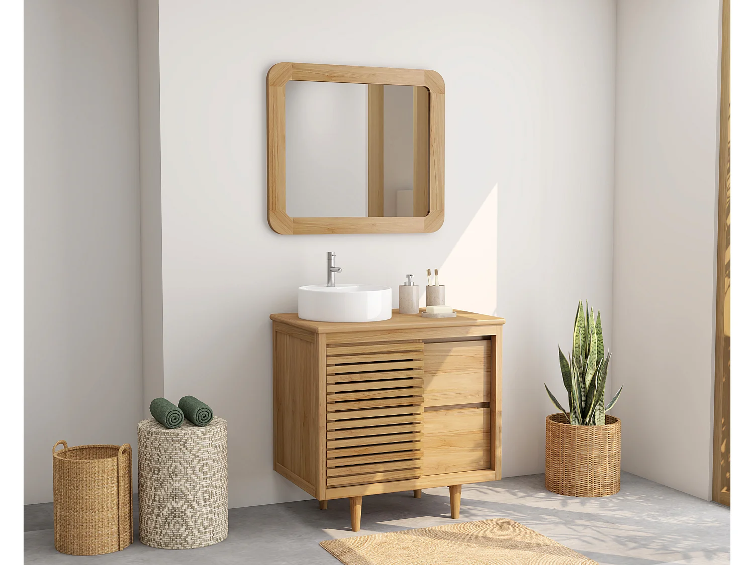 Meuble sous vasque sur pieds en teck - L80 cm - TORAJA