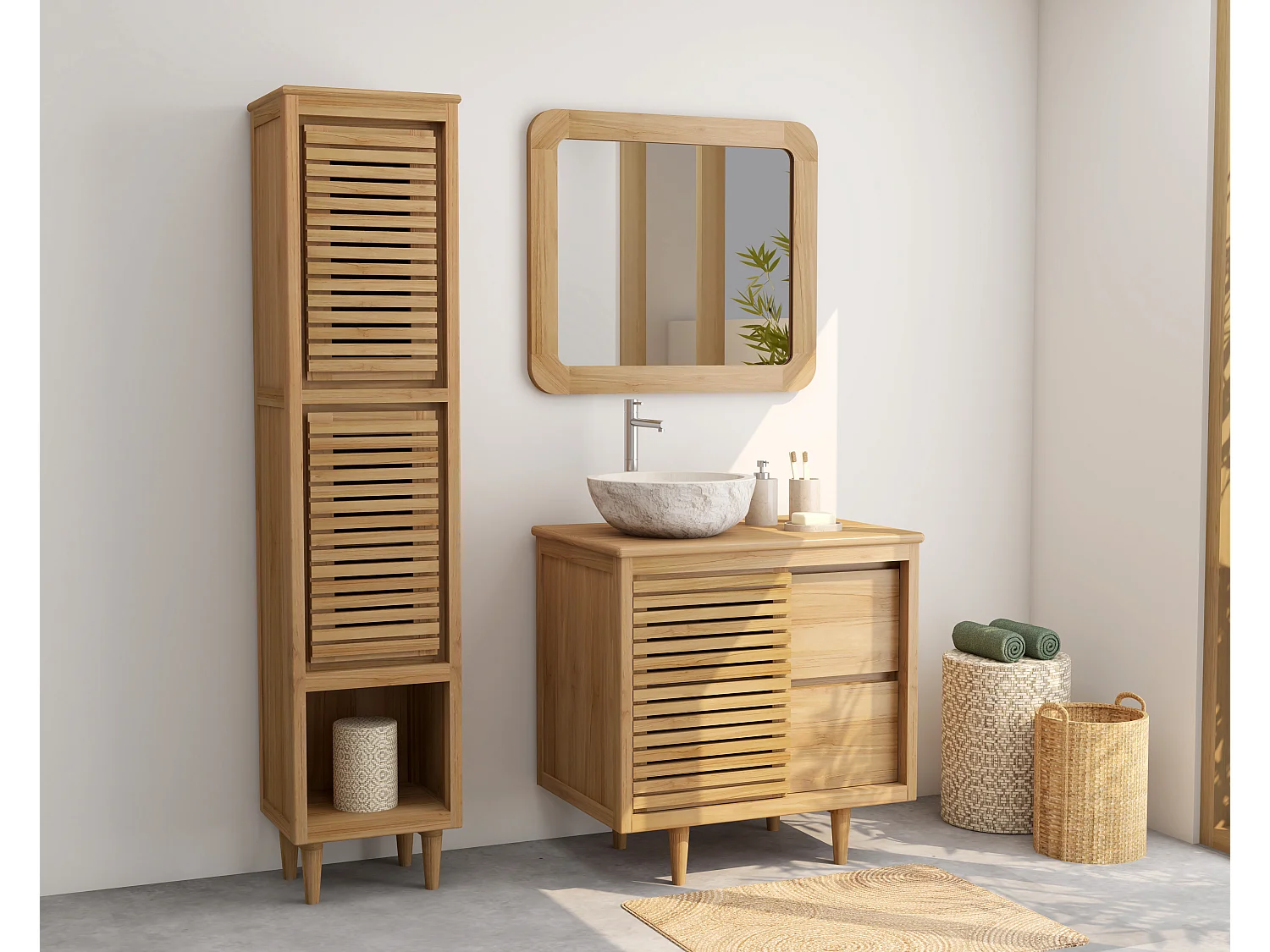 Colonne de salle de bain sur pieds en teck avec niche - 180 cm -  TORAJA