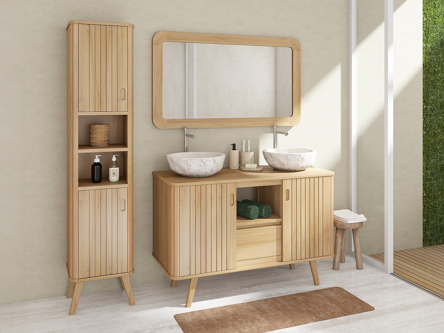 Vente-unique Teakholz Badezimmersäule Mit Nischen Auf Füßen - H180 Cm - Wamena