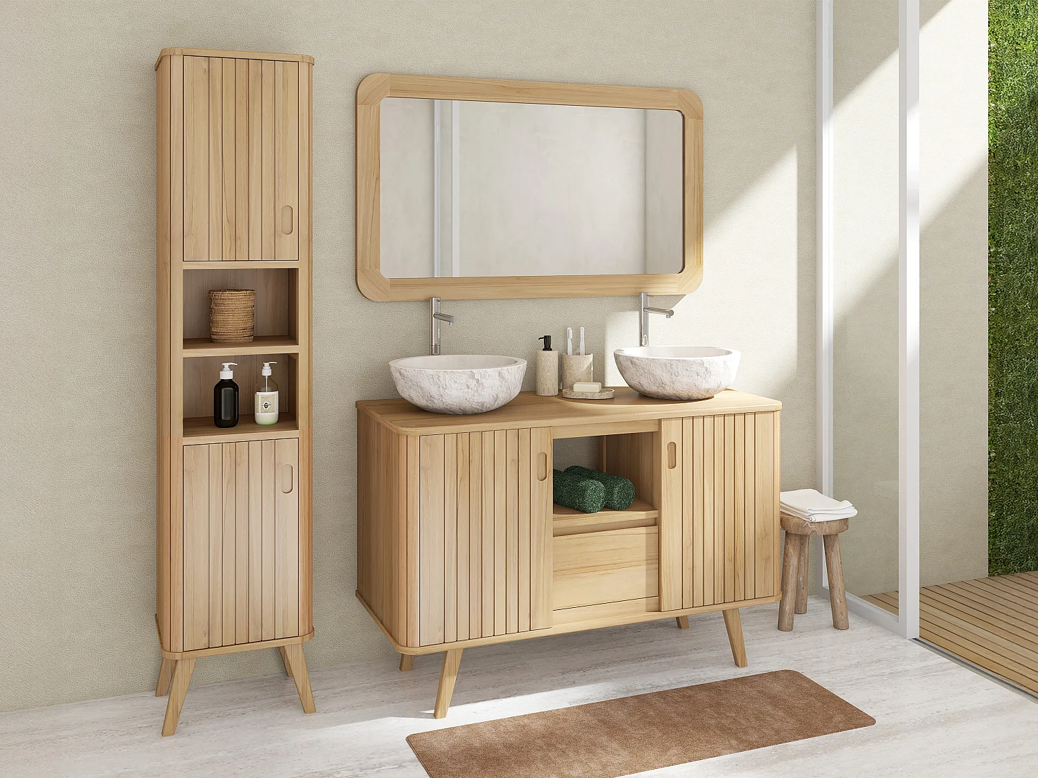 Colonne de salle de bain sur pieds en teck avec niches - H180 cm - WAMENA