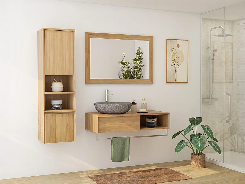 Colonne de salle de bain suspendue en teck avec niches - H140 cm - KUPANG