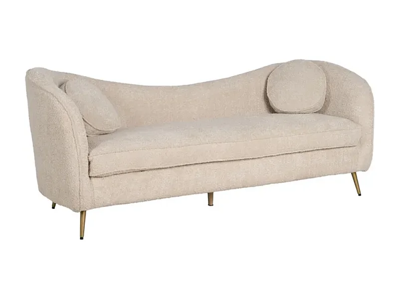 Canapé galbé en tissu bouclé beige pieds dorés AZÉVIA