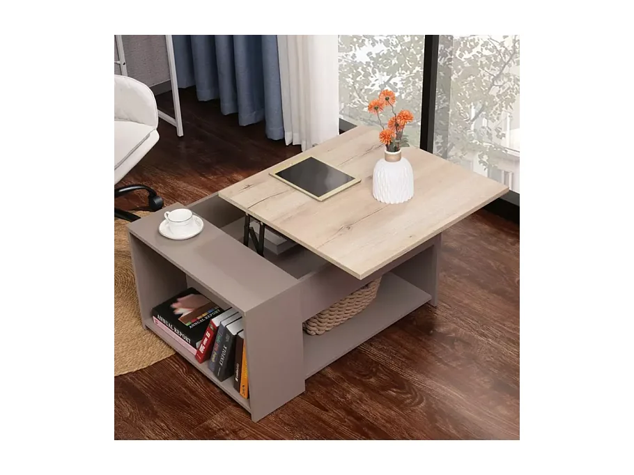 Table basse relevable avec rangement chêne et beige LONDA
