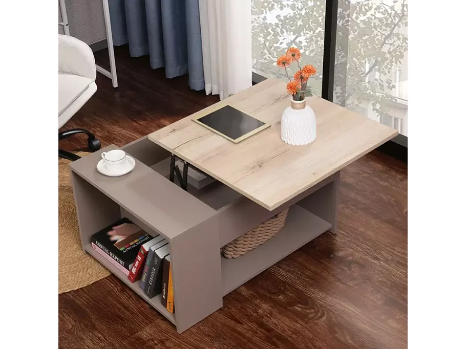 Table basse relevable avec rangement chêne et beige LONDA