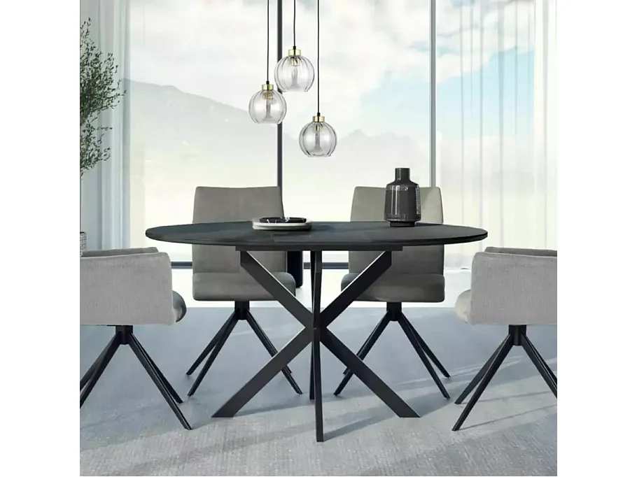 Table ronde extensible céramique noire 6 personnes pied métal MILANOZ3