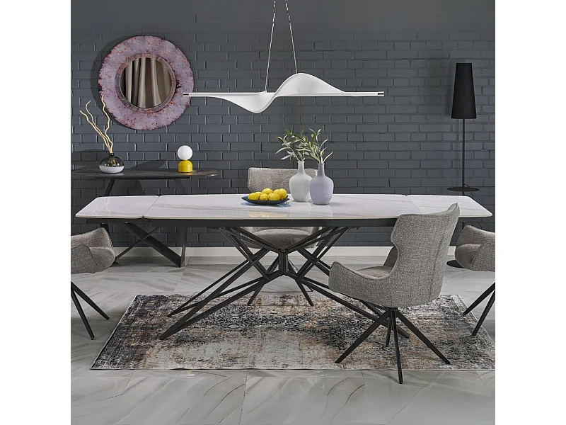 Table à manger extensible 160/240 cm - plateau aspect marbre blanc BEATRIX