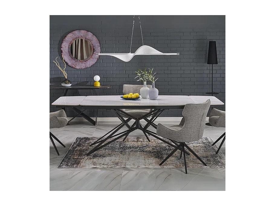 Table à manger extensible 160/240 cm - plateau aspect marbre blanc BEATRIX