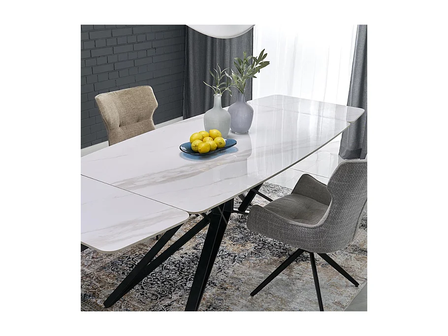 Table à manger extensible 160/240 cm - plateau aspect marbre blanc BEATRIX