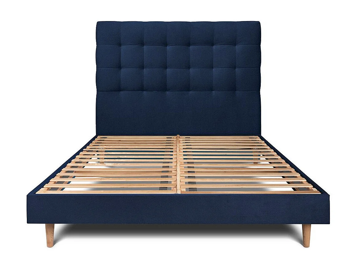 Lit 200x200cm avec tête de lit capitonnée velours et sommier kit Bleu - Hauteur totale : 29cm
