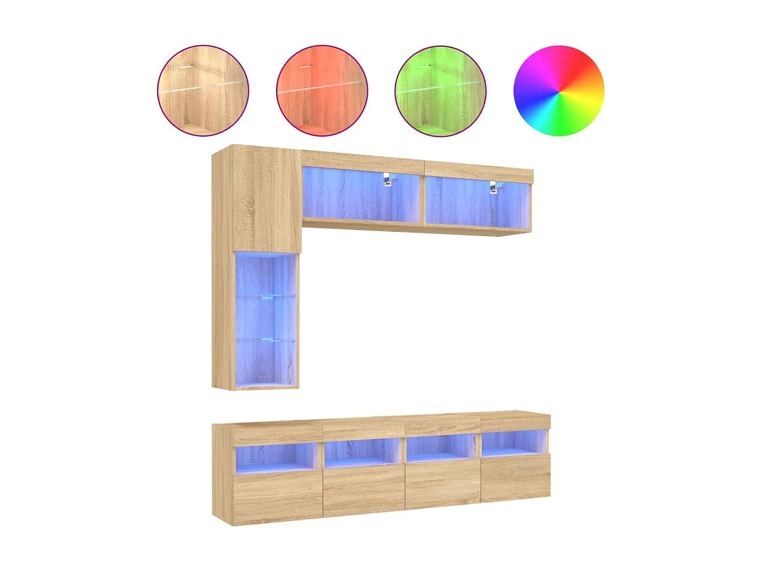 Set di mobili credenza TV soggiorno camera da letto parete soggiorno x 7 pezzi e luci LED rovere sonoma marrone 02_0025374