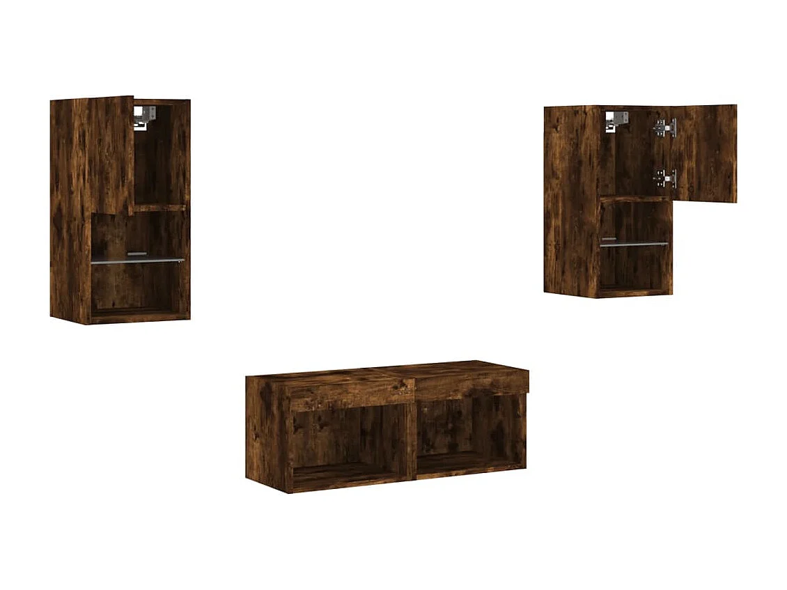 Mueble TV multimedia Estante TV Aparador TV Comedor Salón Dormitorio Montado en la pared x 4 piezas con luces LED Roble ahumado marrón 02_0028219