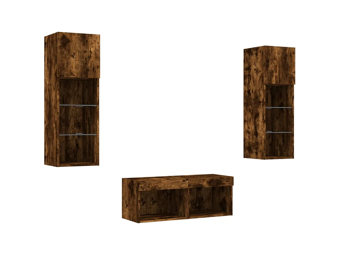 Mueble TV multimedia Estante TV Aparador TV Comedor Salón Dormitorio Montado en la pared x 4 piezas con luces LED Roble ahumado marrón 02_0028220