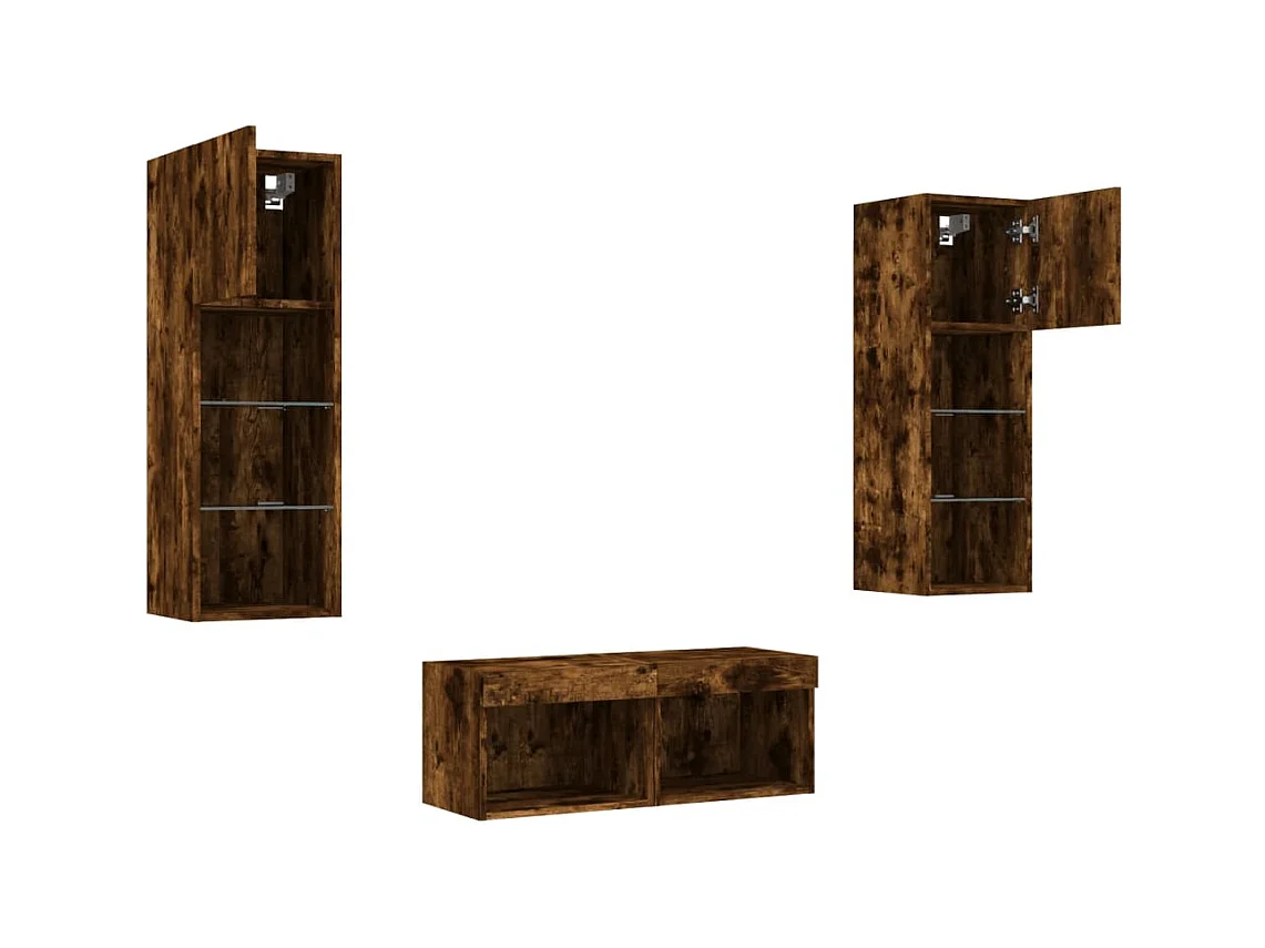 Mueble TV multimedia Estante TV Aparador TV Comedor Salón Dormitorio Montado en la pared x 4 piezas con luces LED Roble ahumado marrón 02_0028220