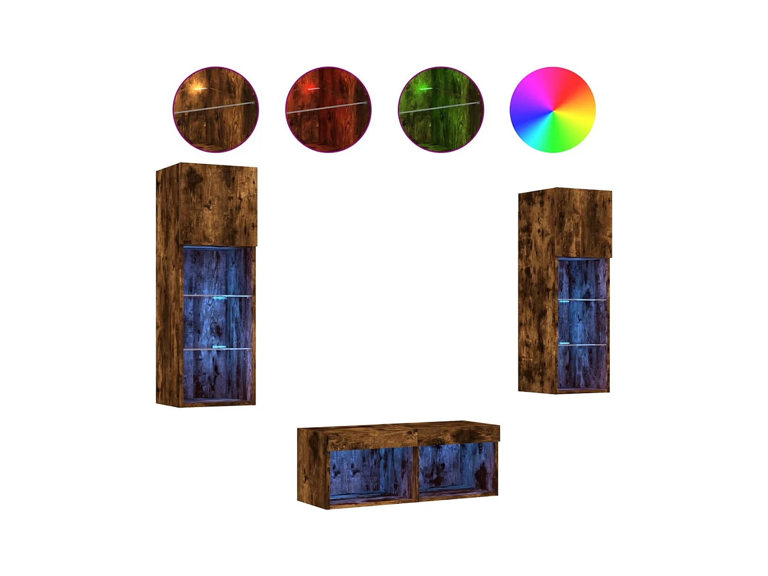 Mueble TV multimedia Estante TV Aparador TV Comedor Salón Dormitorio Montado en la pared x 4 piezas con luces LED Roble ahumado marrón 02_0028220