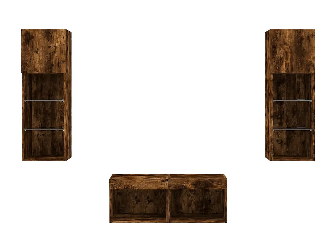 Mueble TV multimedia Estante TV Aparador TV Comedor Salón Dormitorio Montado en la pared x 4 piezas con luces LED Roble ahumado marrón 02_0028220