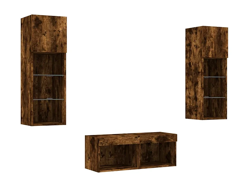 Mueble TV multimedia Estante TV Aparador TV Comedor Salón Dormitorio Montado en la pared x 4 piezas con luces LED Roble ahumado marrón 02_0028220