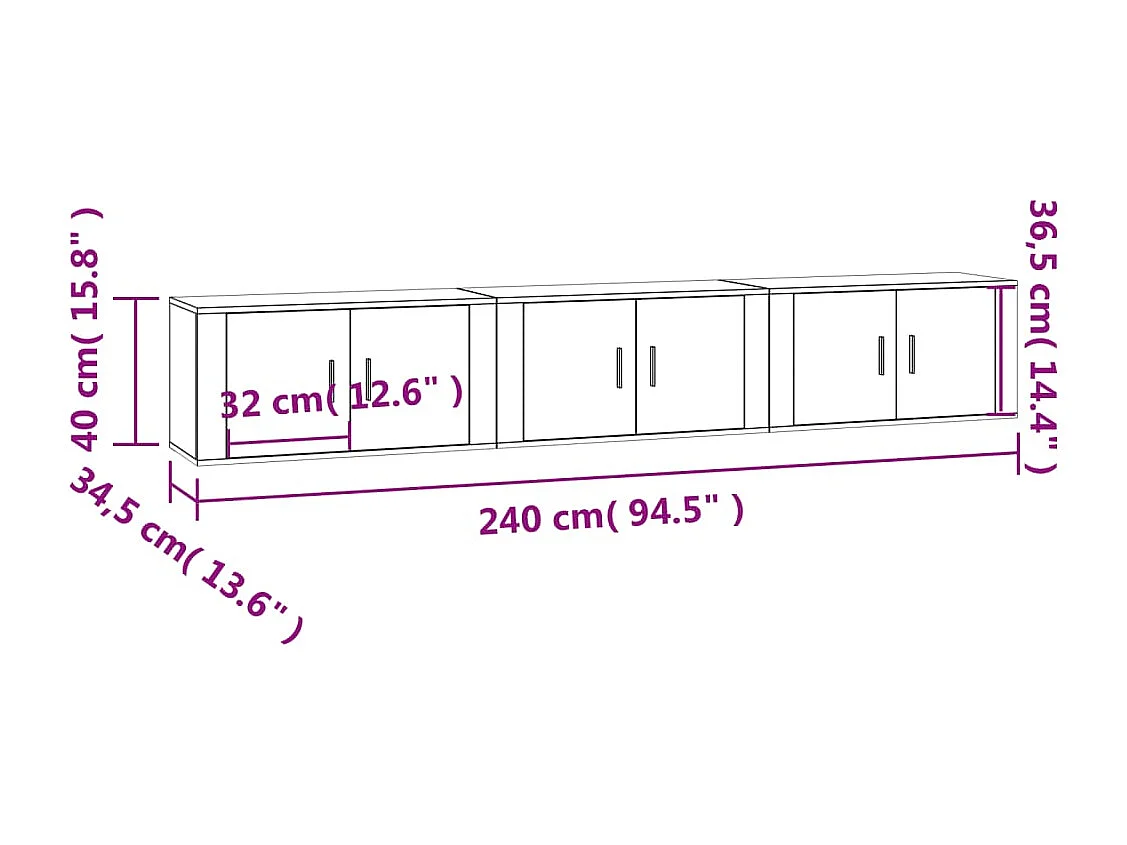 Armários de TV de parede prateleira multimídia aparador de TV sala de jantar sala de estar quarto 3 peças sonoma 80 x 345 x 40 cm cinza 02_0029051
