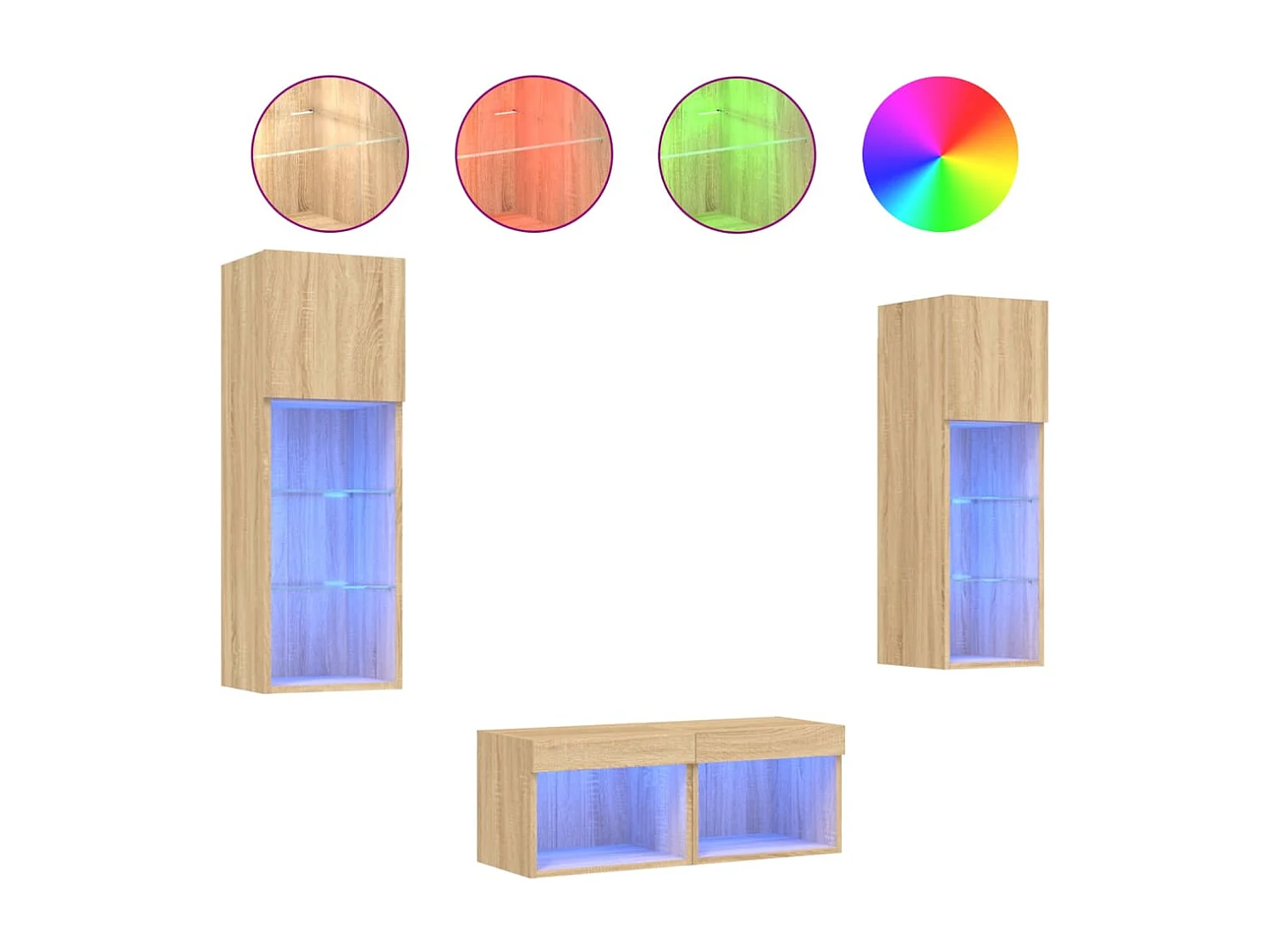 Mueble TV multimedia Estante TV Buffet TV Comedor Salón Dormitorio Montaje en Pared x 4 piezas con luces LED Sonoma Roble Marrón 02_0028223