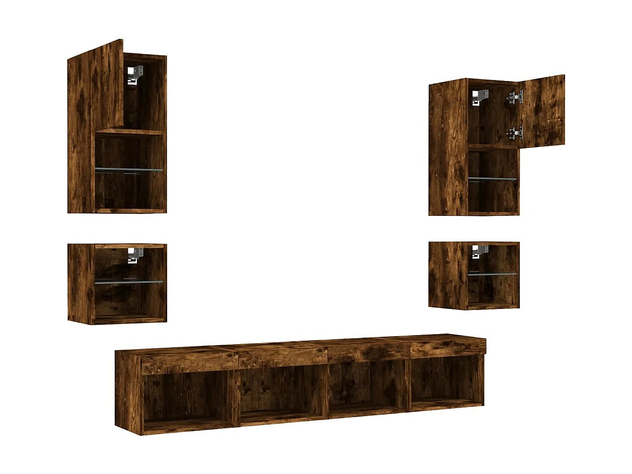 Mueble de TV multimedia estante para TV aparador para TV comedor sala de estar dormitorio con LED 8 piezas madera de ingeniería de roble ahumado marrón 02_0029480