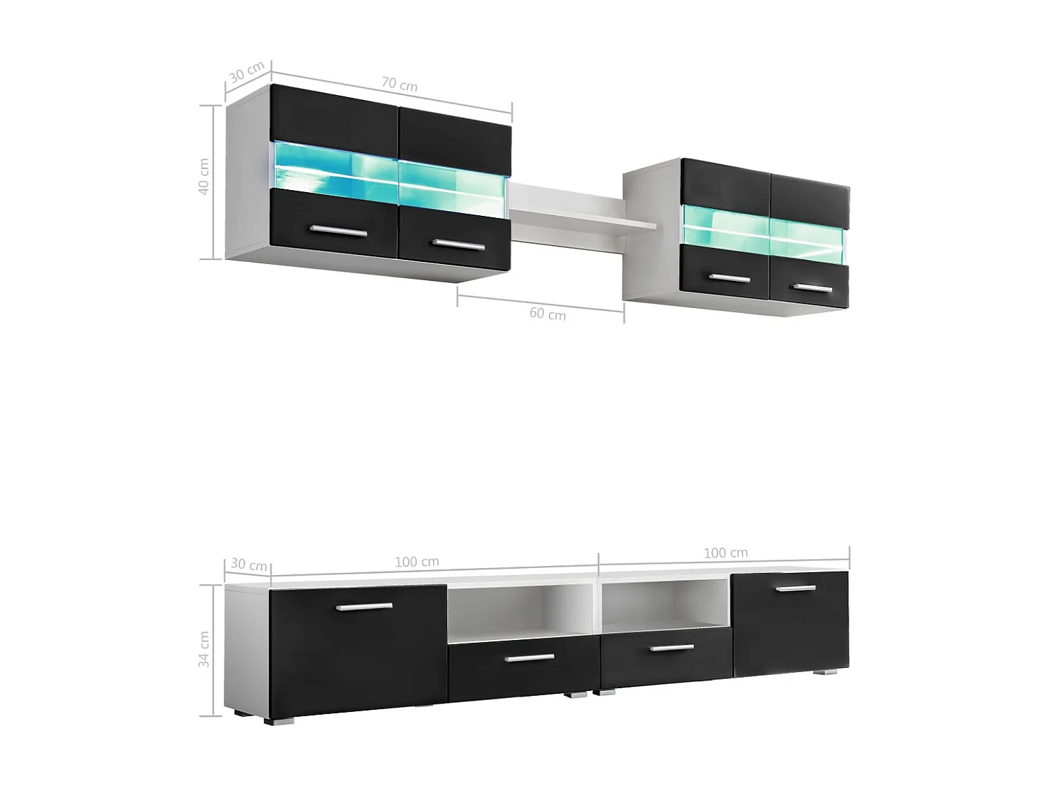 Conjunto de parede para 5 ambientes com luzes LED preto brilhante 02_0025383