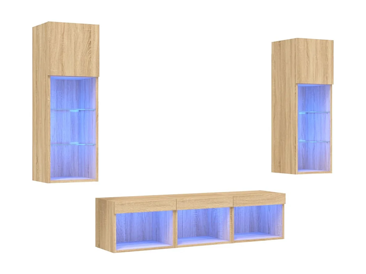 Mueble de TV multimedia estante para TV aparador de TV comedor sala de estar dormitorio con LED 5 piezas madera de ingeniería de roble Sonoma marrón 02_0029413