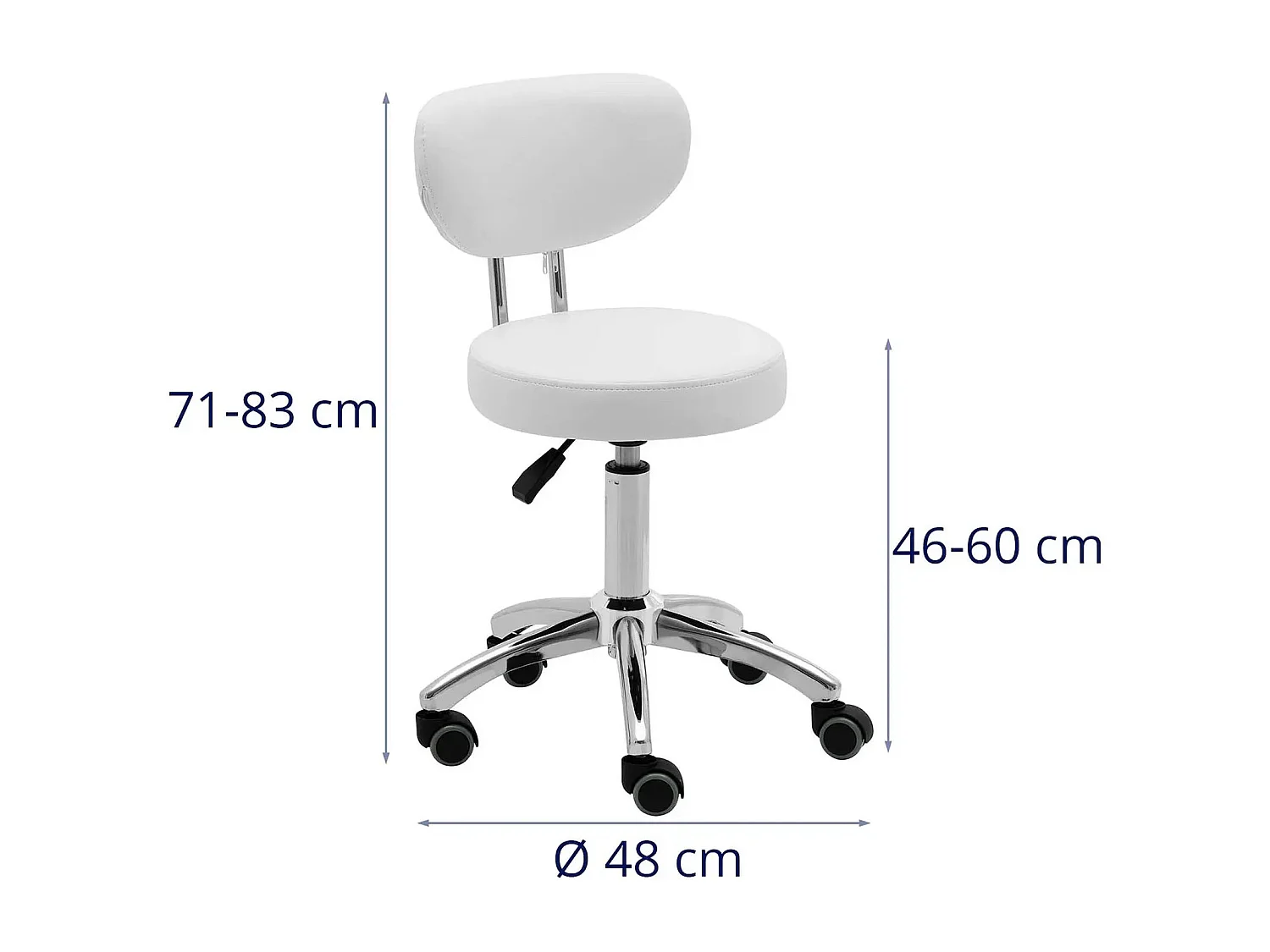 Taburete profesional con ruedas y respaldo 60 cm 150 kg color blanco 14_0010098