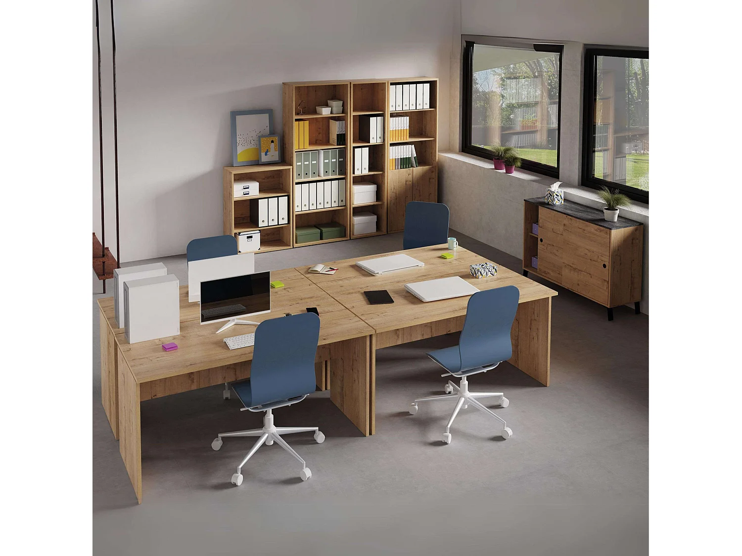 Pack Oficina: 4 Escritorios 155cm + 3 Estanterías + Aparador + Librería Roble