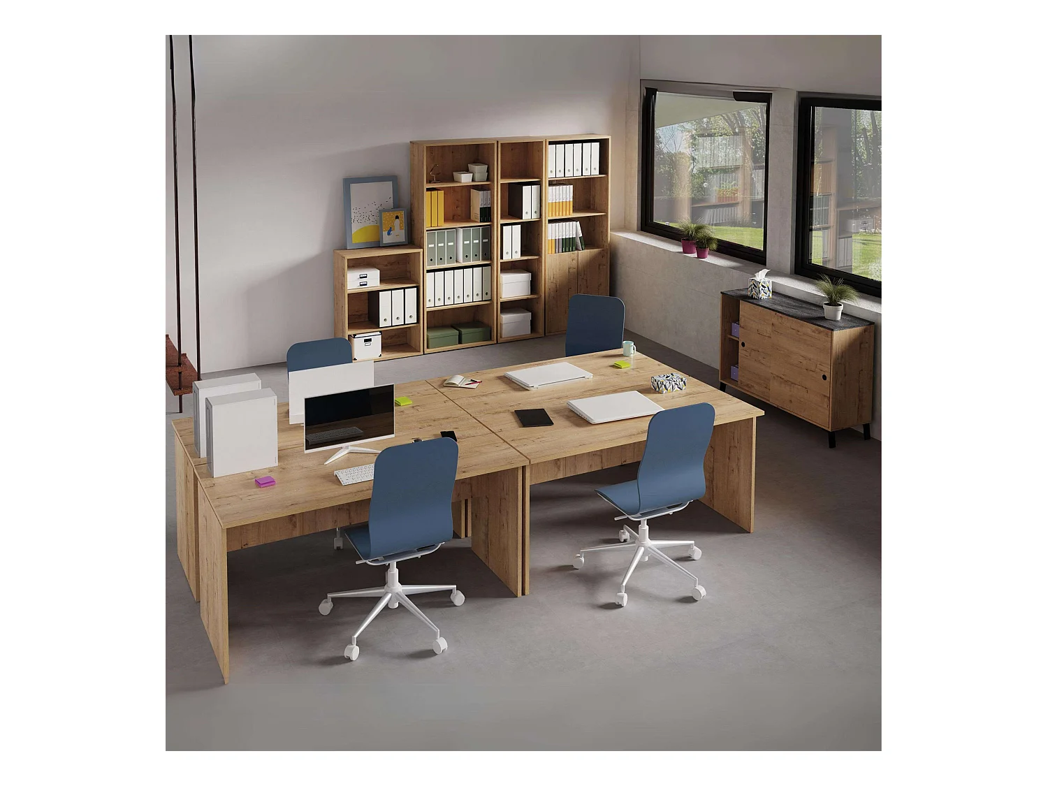 Pack Oficina: 4 Escritorios 155cm + 3 Estanterías + Aparador + Librería Roble