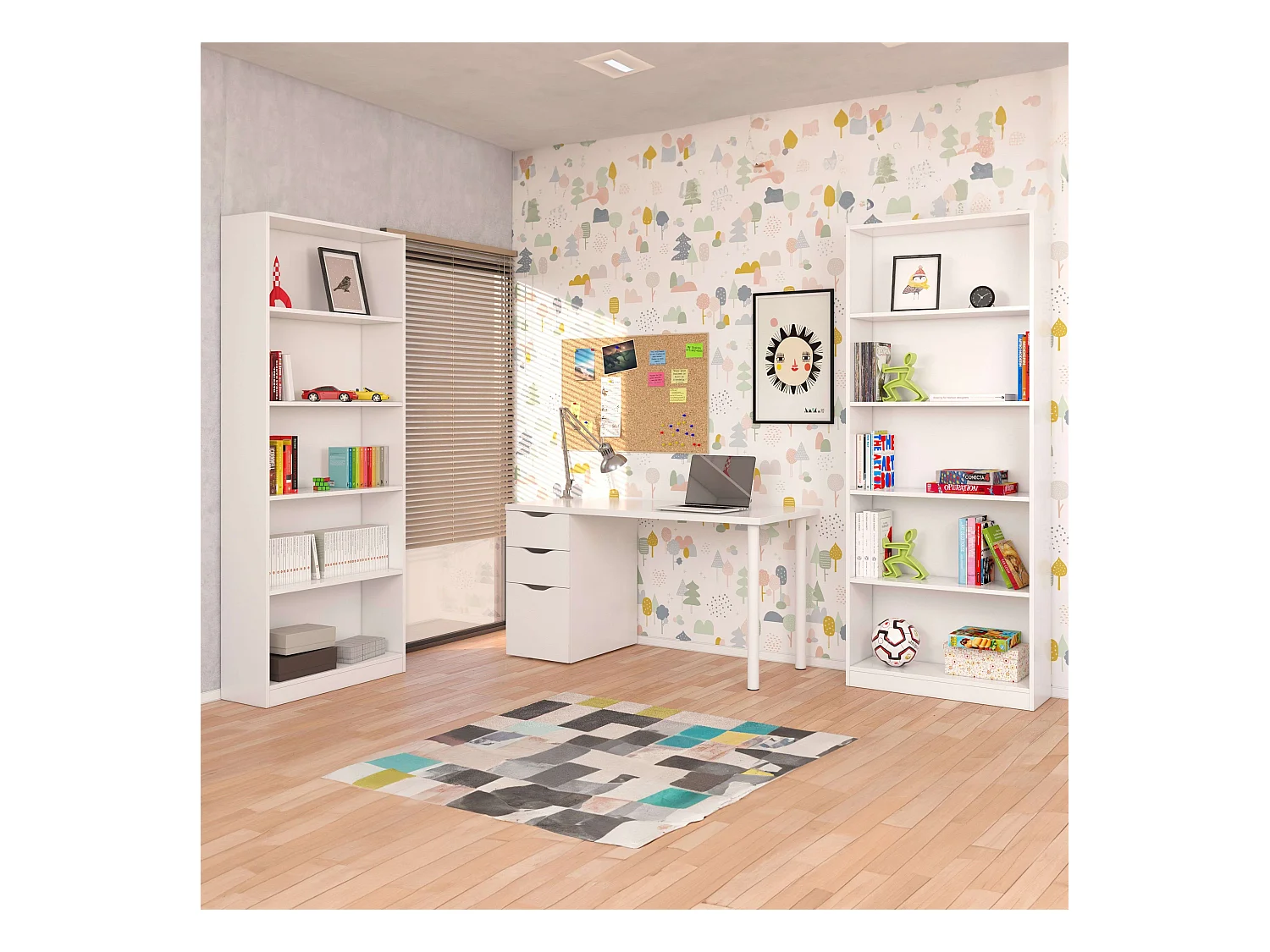 Pack Oficina Estilo Contemporáneo Blanco con 2 Estanterías y Escritorio