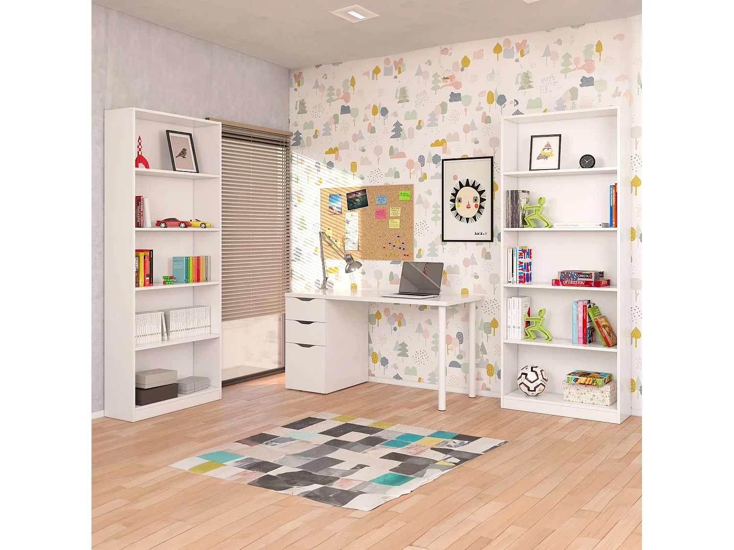 Pack Oficina Estilo Contemporáneo Blanco con 2 Estanterías y Escritorio