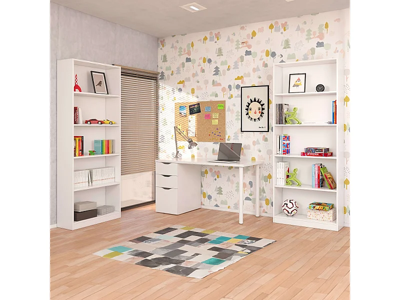 Pack Oficina Estilo Contemporáneo Blanco con 2 Estanterías y Escritorio