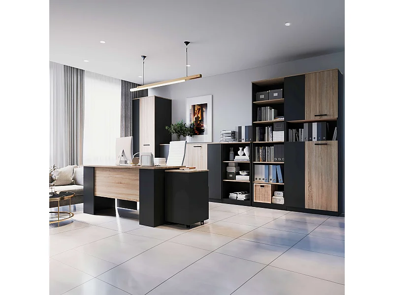 Pack Oficina Nibis Industrial: Escritorio, Aparador, Cajonera, Estanterías