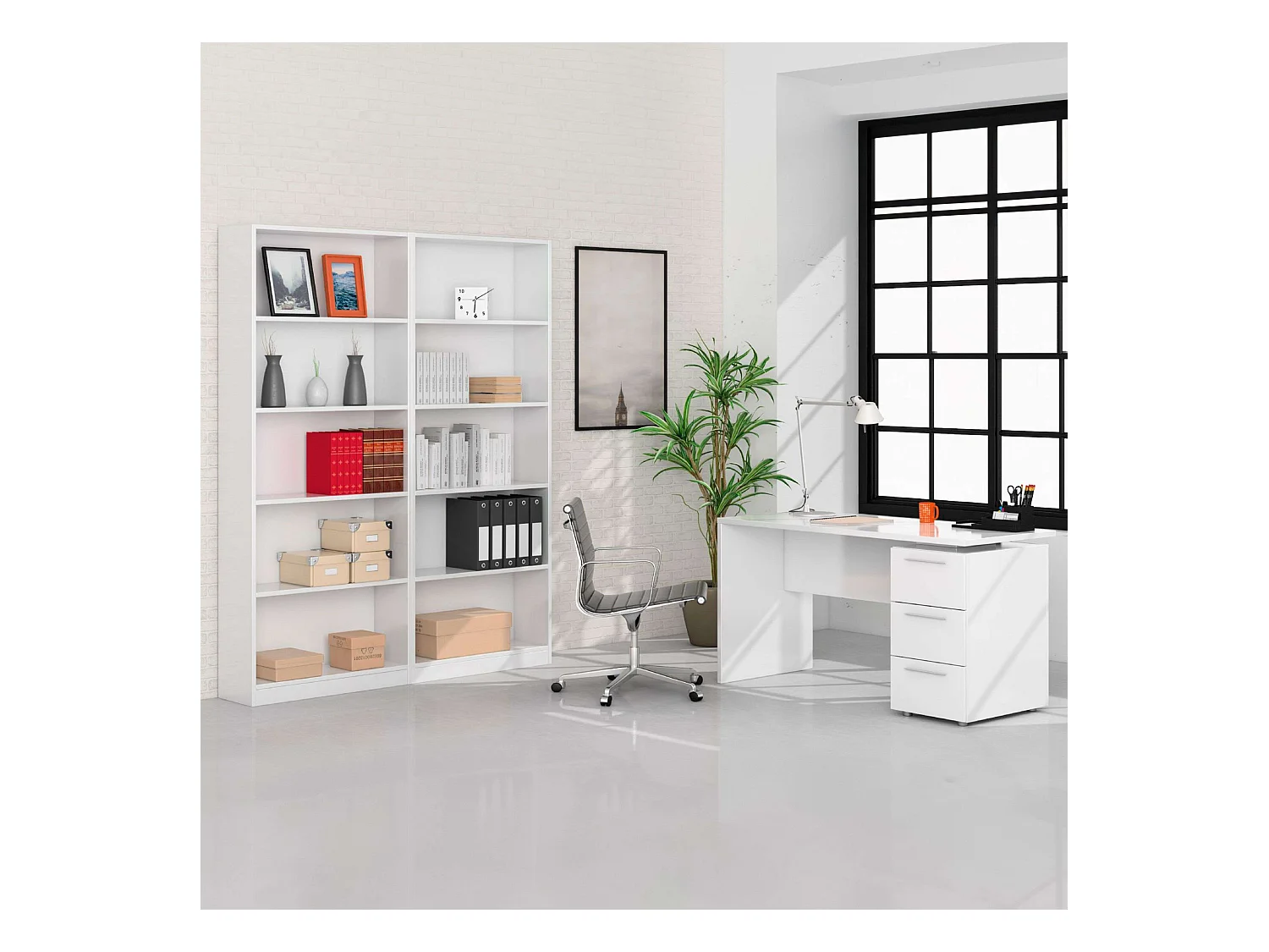 Pack Oficina Contemporáneo con 2 Estanterías y 1 Escritorio Blanco