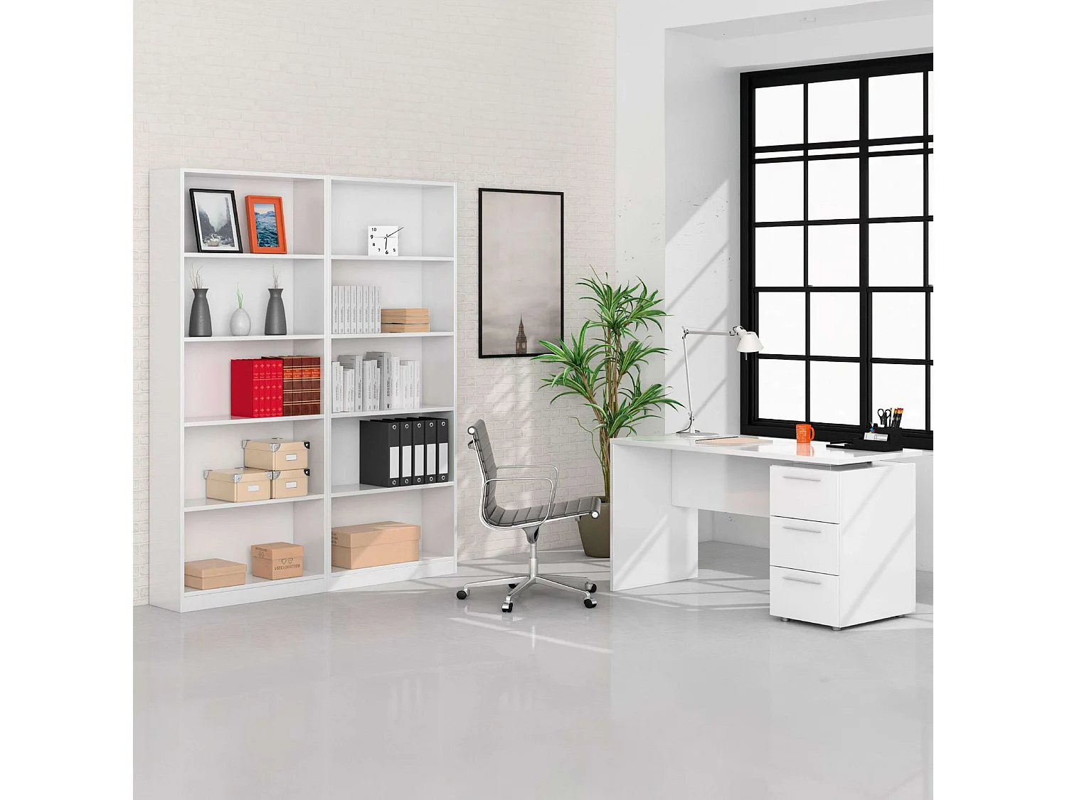 Pack Oficina Contemporáneo con 2 Estanterías y 1 Escritorio Blanco