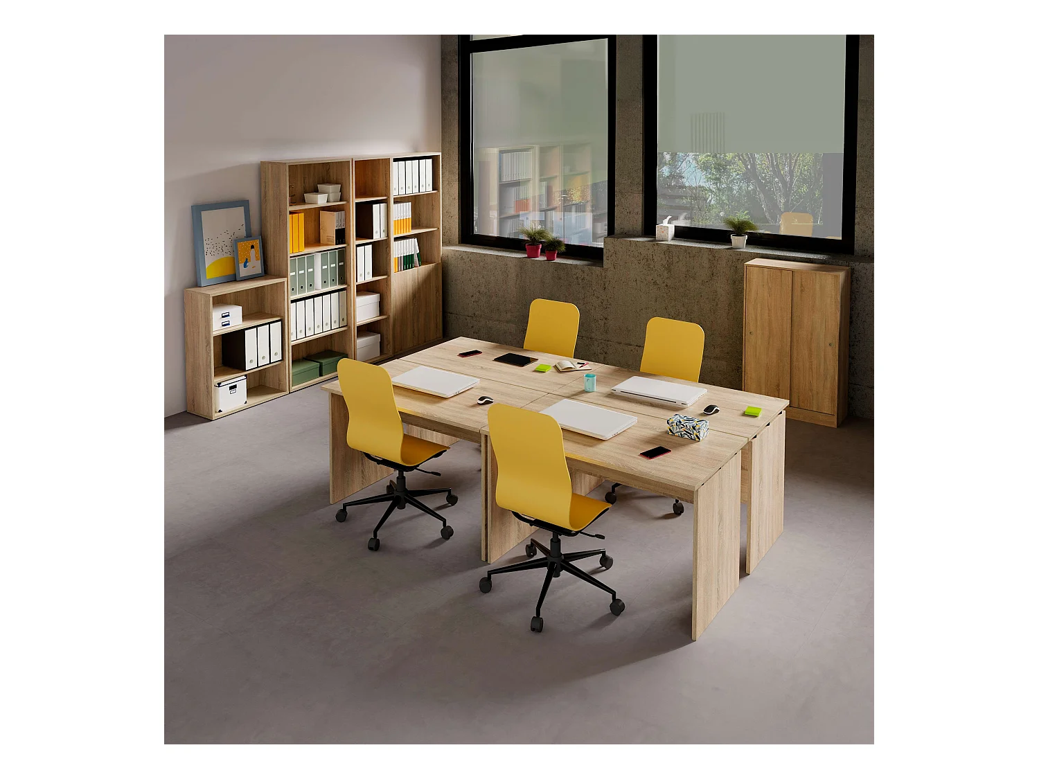 Pack Muebles Oficina: 4 Escritorios y Estanterías Roble Cambrian