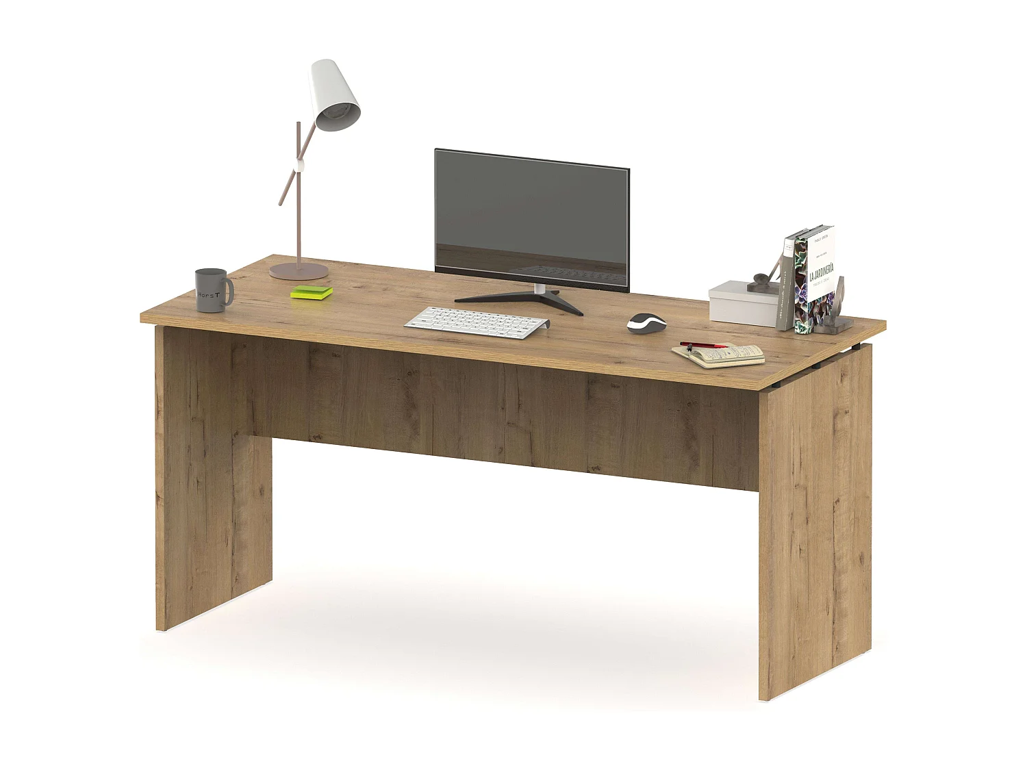 Pack Oficina 4 Escritorios 155 cm + 2 Estanterías + Aparador + 2 Librerías Roble