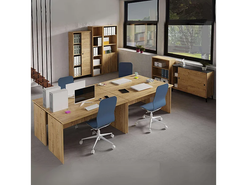 Pack Oficina 4 Escritorios 155 cm + 2 Estanterías + Aparador + 2 Librerías Roble