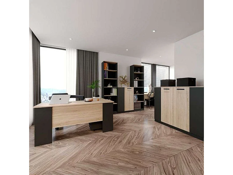 Pack Oficina Escritorio, 2 Estanterías, Armario, Aparador, Cajonera Roble/Gris